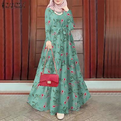 Women Floral Print O-neck Long Sleeve Casual Dress