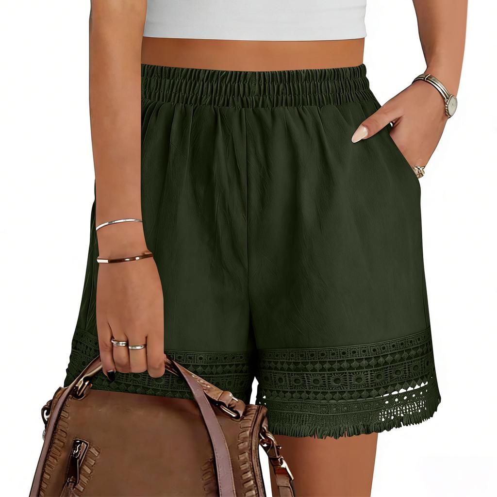 Women’s High Waist Elastic Shorts with Crochet Lace Trim Loose Fit Lightweight Summer Casual Shorts with Pockets