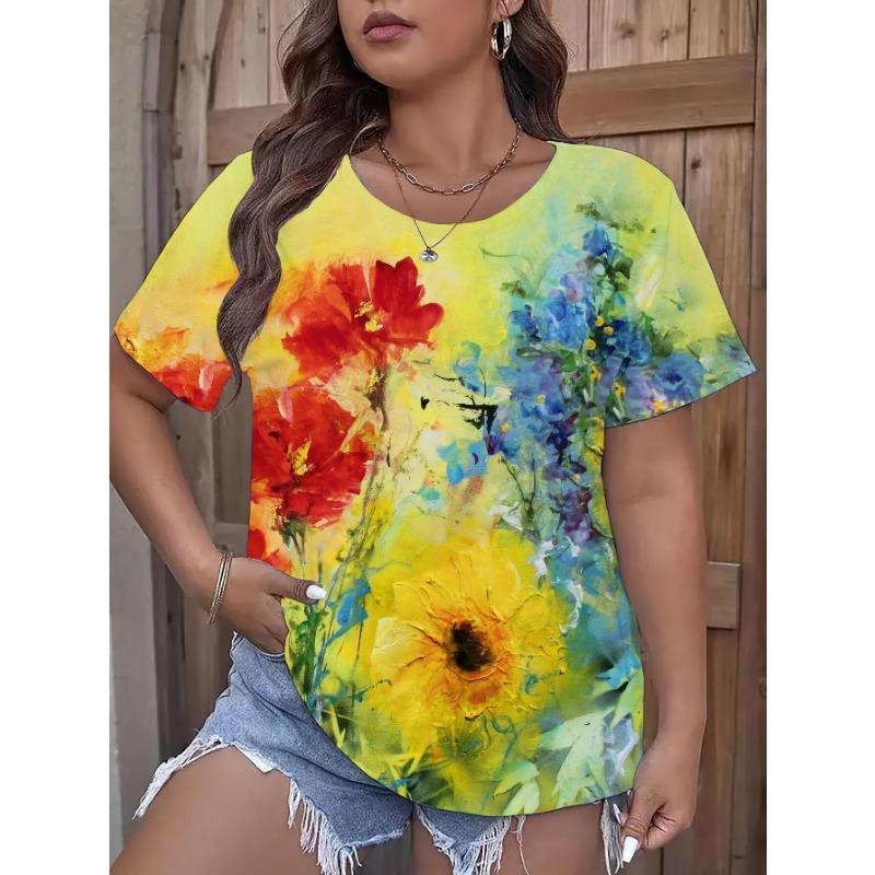 Sommer Rundhals 3D Blumenmuster Print Top Modisches Lässiges Kurzarm Übergröße Damen T-Shirts