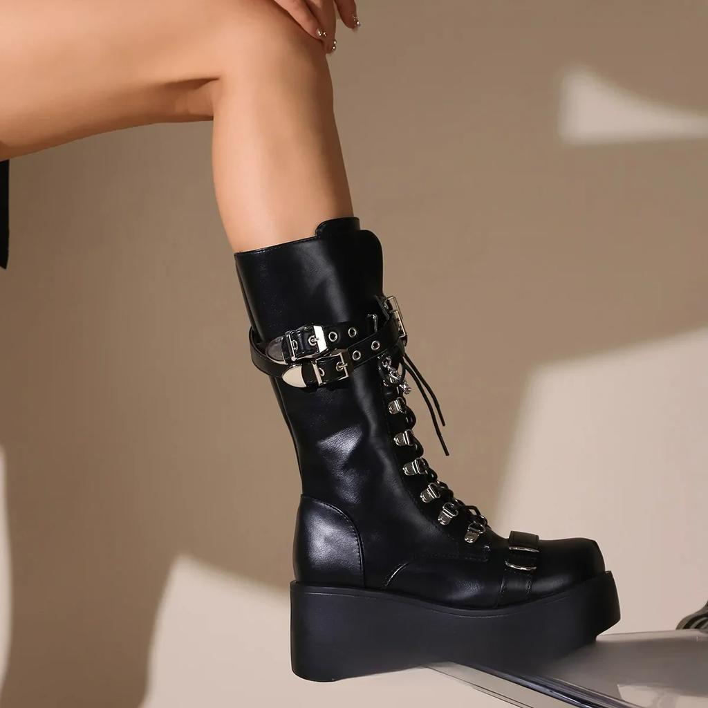 Plattformstøvler Nittede Spennkiler Høye Damestøvler Punk Spice Chic Biker Ride Støvler