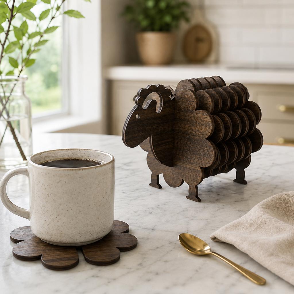 Wooden Sheep Coaster Set with Holder 6 Piece Absorbent Drink Coasters for Table Protection and Decoration