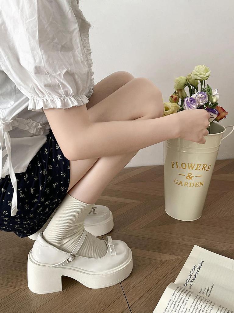 French Retro High-heeled British-style Small Leather Shoes, New Summer Bow Versatile Round Head Mary Jane Shoes for Women