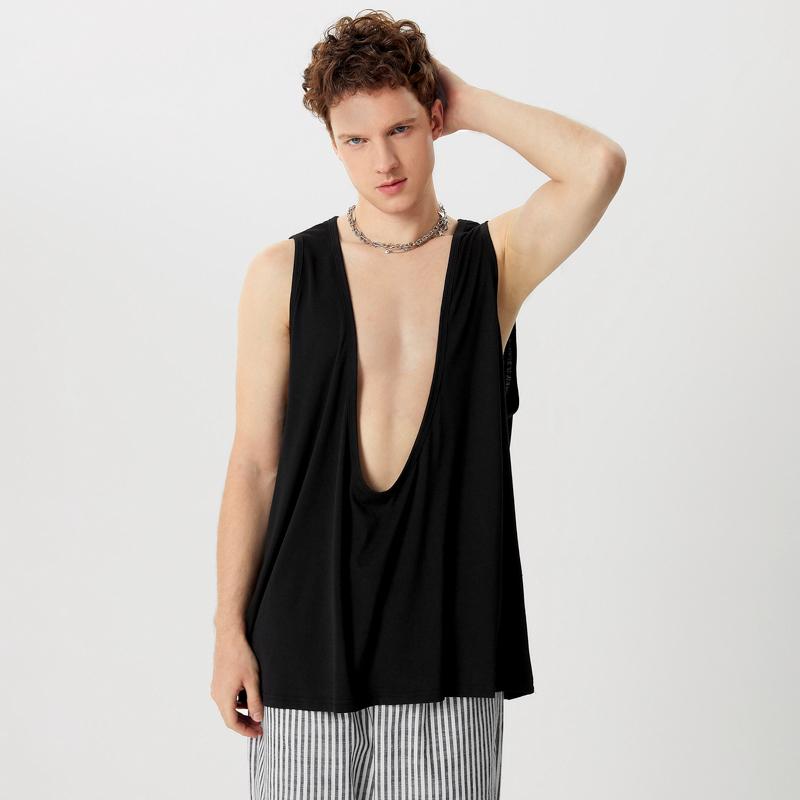 

INCERUN Мужские майки без рукавов с глубоким U-образным вырезом, свободные, повседневные однотонные футболки 5XL чёрный