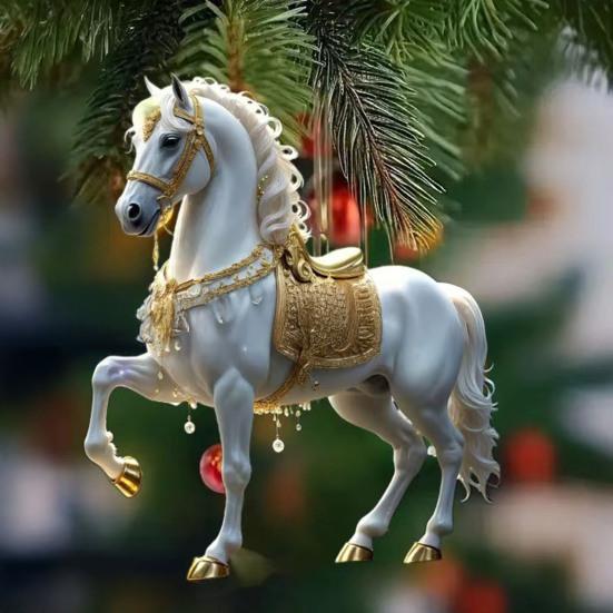 Horse Christmas Ornaments Glitter Rhinestone Horse Christmas Tree Hanging Ornament 2D Flat Acrylic Car Rear View Mirror Charm for Holiday Home Decor
