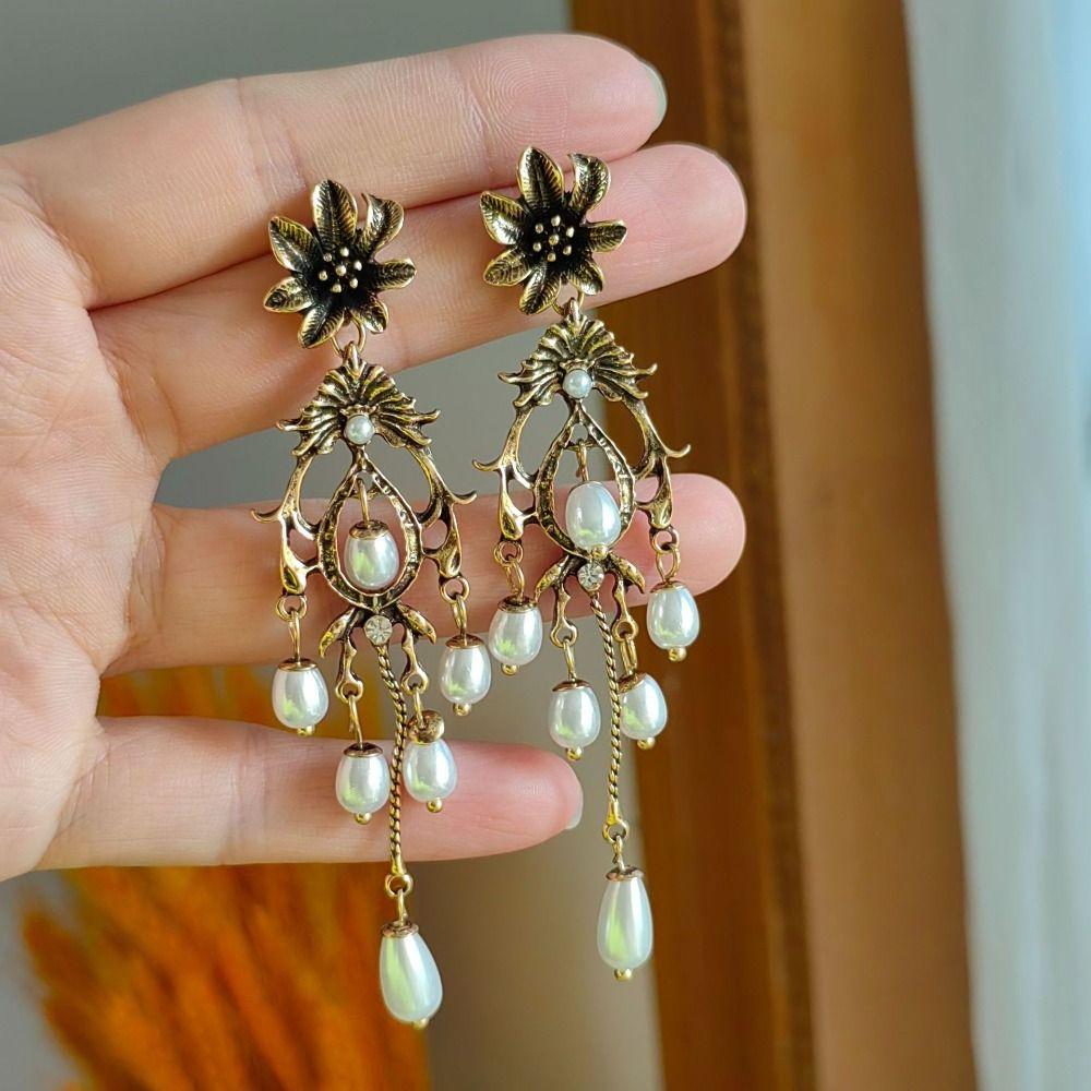 Waterdrop Shape Pearl Drop Earrings Bronze Flower Stud Earrings Vintage Metal Earrings  Party