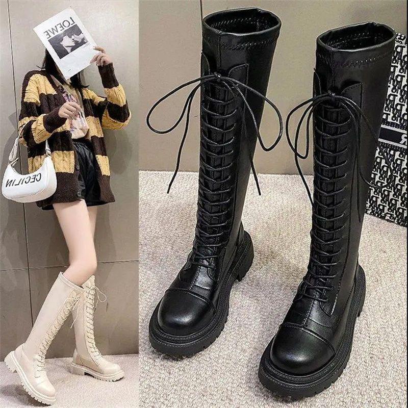 Boots Women's 2025 New Women's Boots Winter British Thick-soled Lace-up High Boots Women's Skinny Small Knight Boots