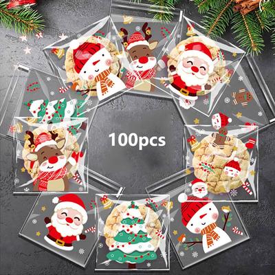 100 Pcs Variety Pack: Christmas OPP Self-Adhesive Bags for Sweets, Snacks, Cookies & Pastries