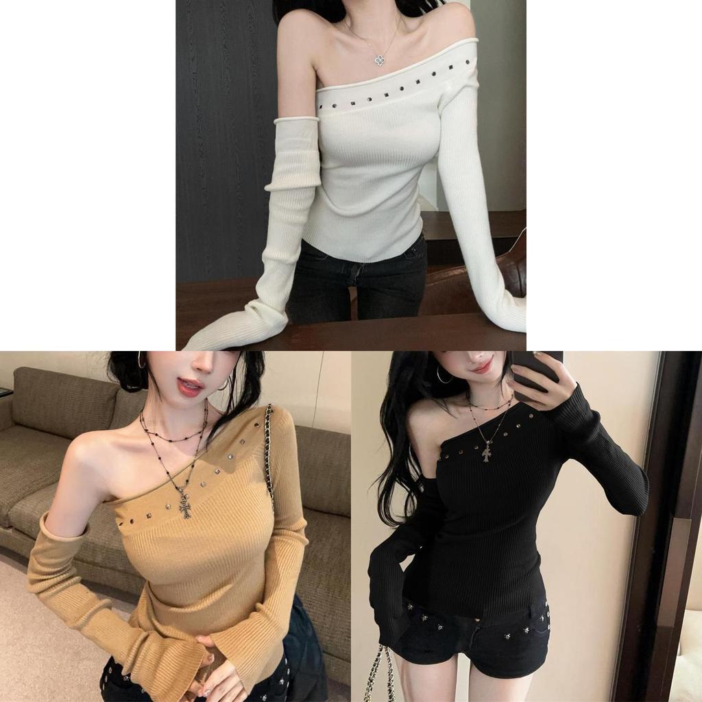 Summer Girl Style Sweater With Rhinestones And Off Shoulder Design For Youth Fashion