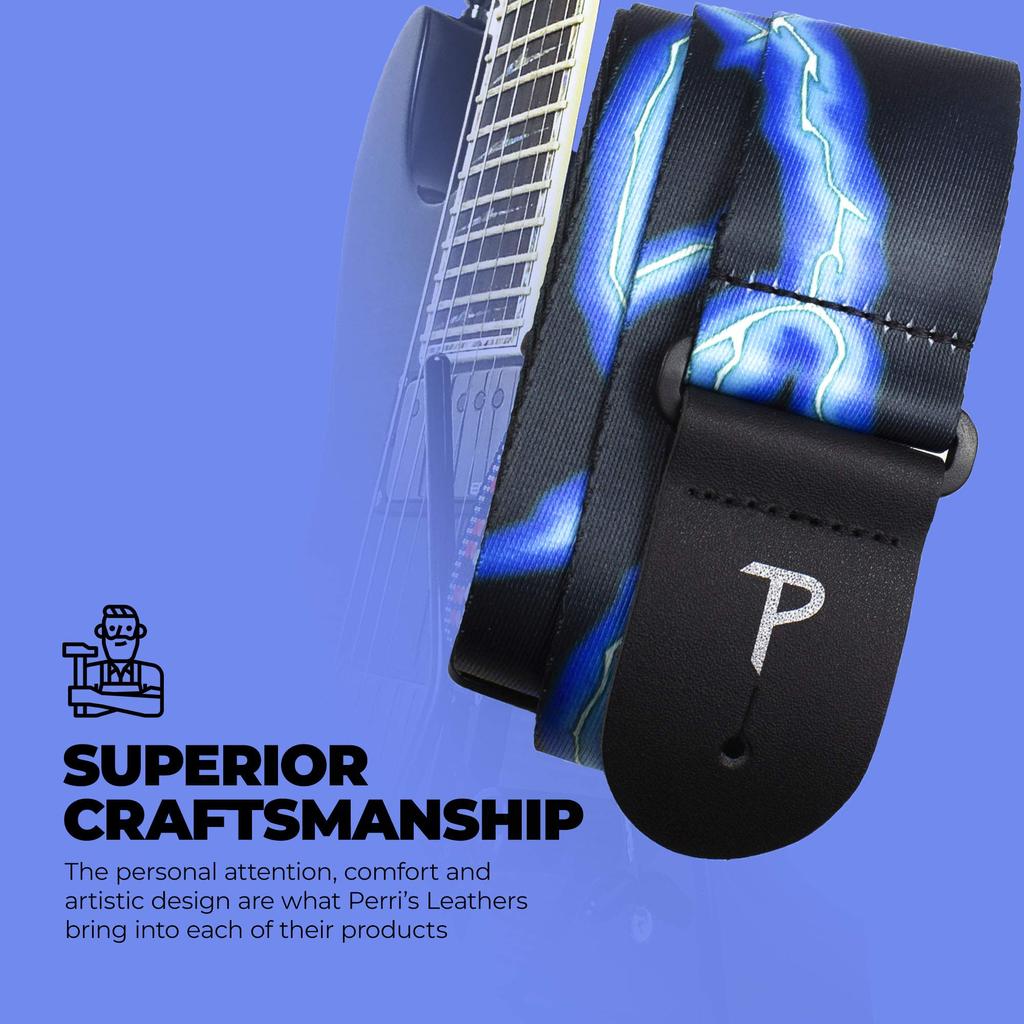 Leathers Guitar Strap Adjustable For Guitars Made in Canada Polyester Blue Lightning Perri’s Ltd. - - - Acoustic/Bass/Electric - (LPCP-46)