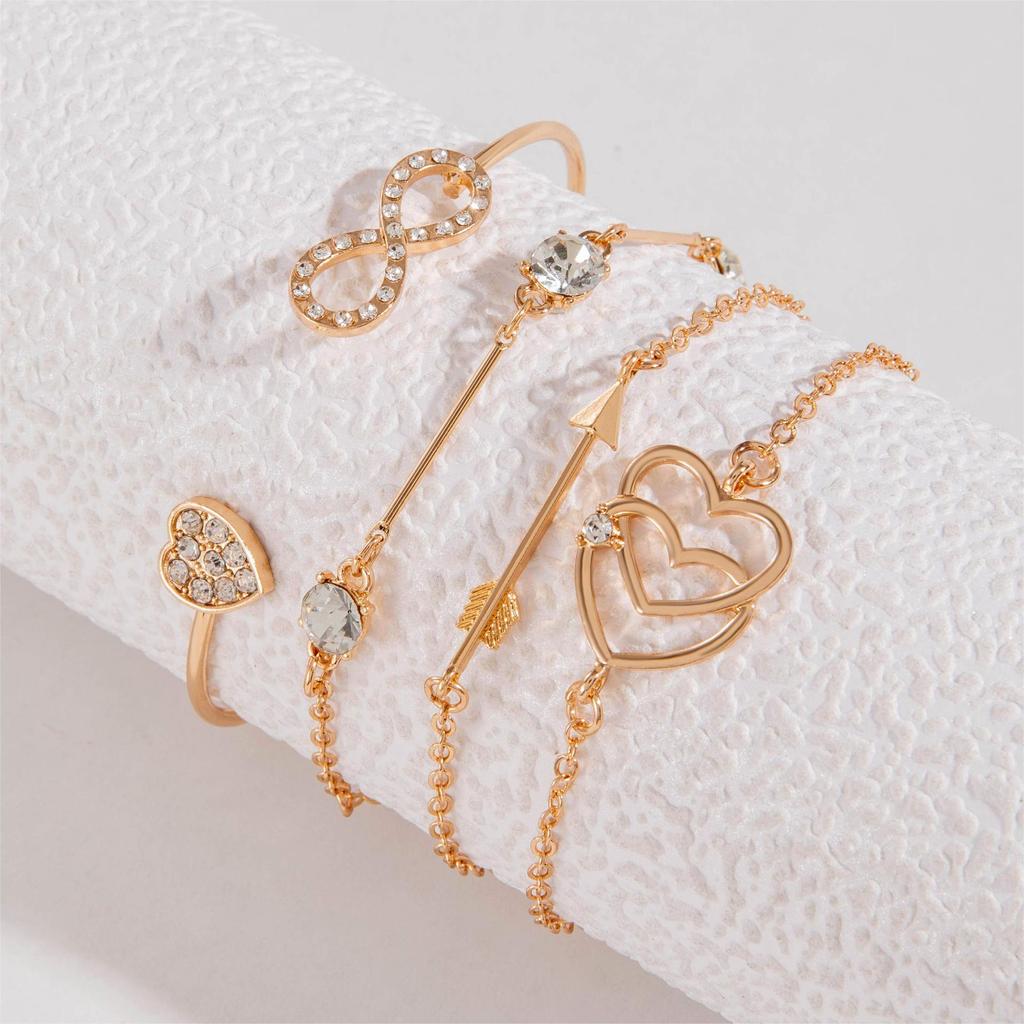 Artificial Crystal Chain Bangle Set Creative Golden Chain Heart 4-piece For Women Multi-layer Vintage Bracelet  Accessories