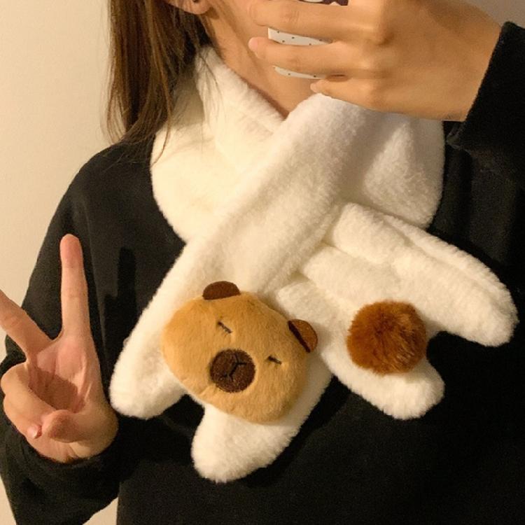 Capybara Cartoon Plush Scarf and Gloves 2in1 Set for Adult Student Fashionable Warmth Hand Warmer Mittens Neck Gaiter