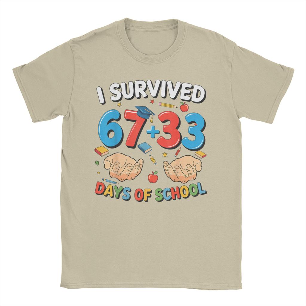 Bruh I Survived 67 33 Days of School 100th Day of School T Shirts Men Cotton Fun TShirts Crewneck Tee Shirt