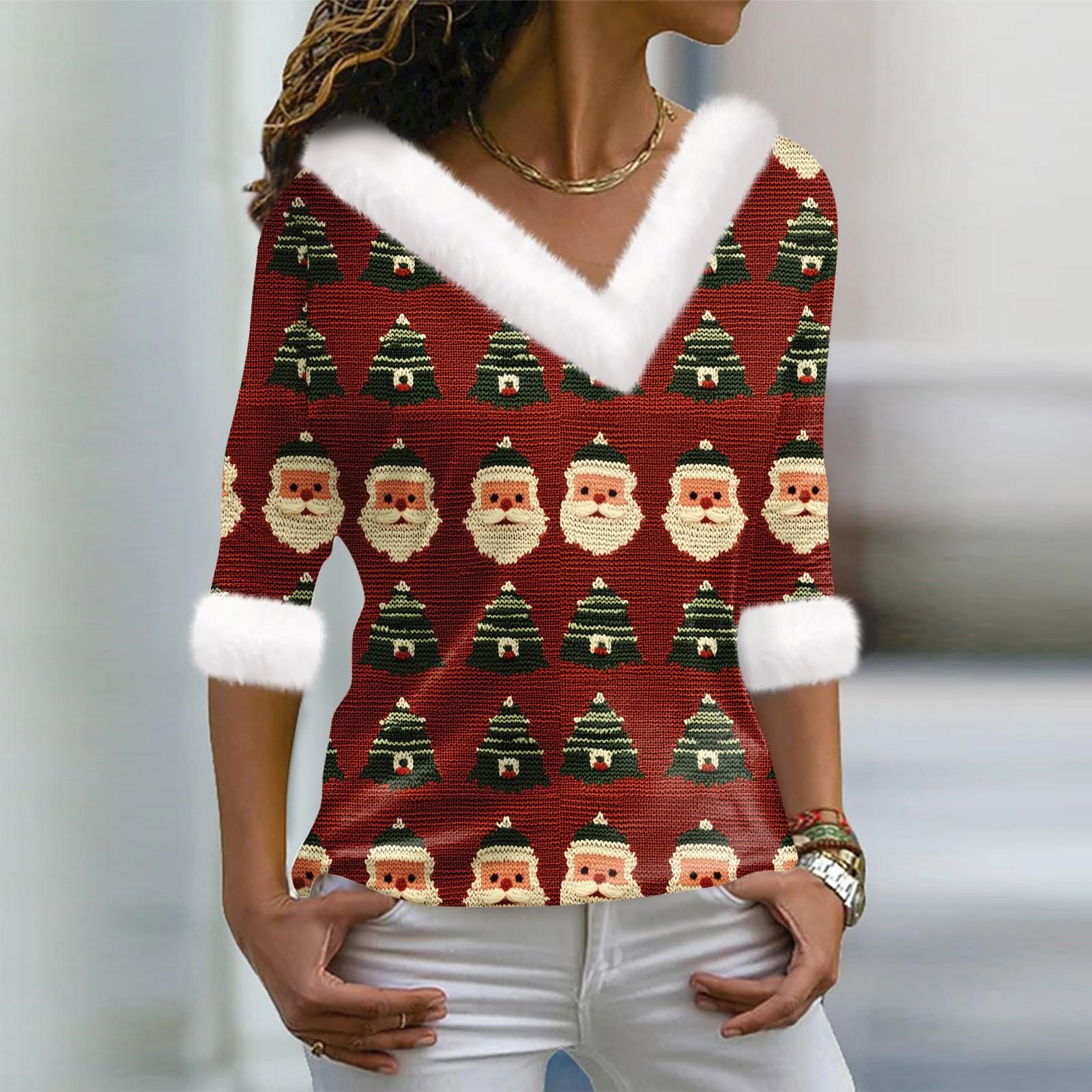 

Женская футболка с рождественским принтом, длинный рукав, флисовый воротник, V-образный вырез, футболка XL винный