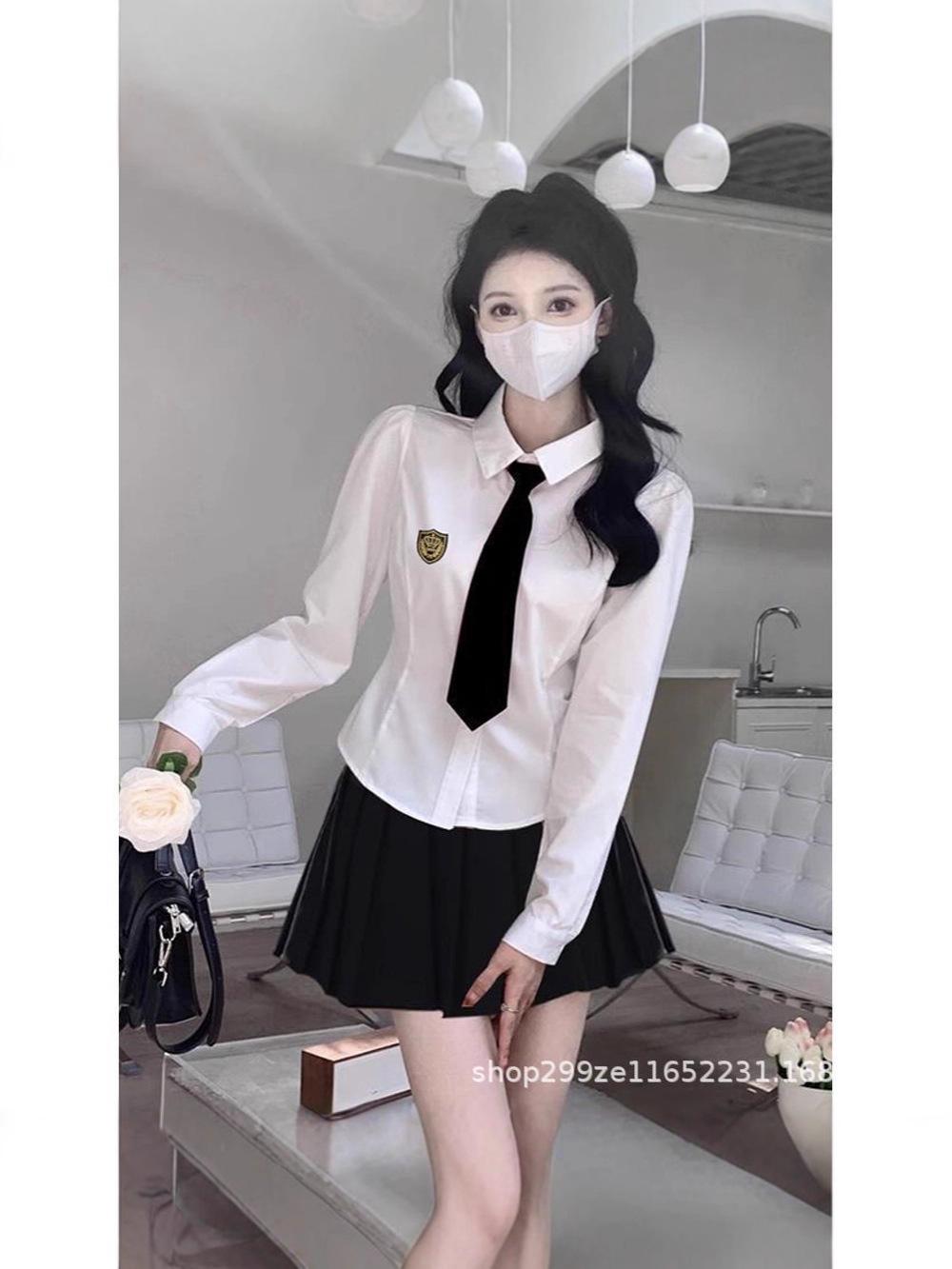 

Women s Academy Style White Shirt with Tie Waist and Long Sleeves - JK Uniform Set, Slim Fit Design. L
