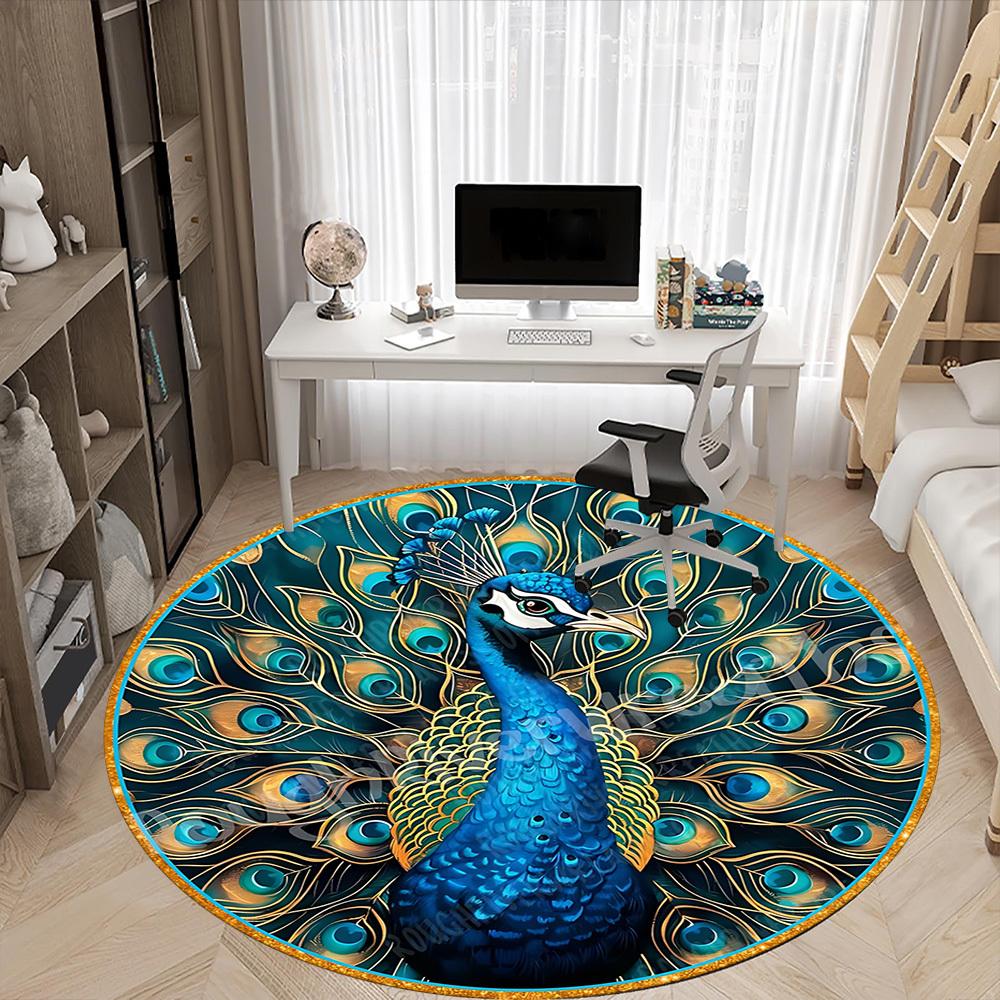1pc Peacock Feather Art Chair Carpet for Office, Round Non Slip Durable Large Size Office Carpet, Suitable for Office
