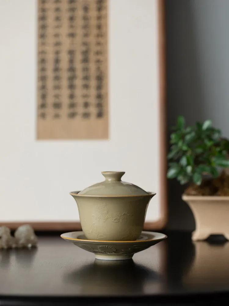 Ding Ware Yellow Sancai Gaiwan Tea Cup Cold Three Friends Not Hot Tea Bowl Single Large Size Kung Fu Tea Tea Maker