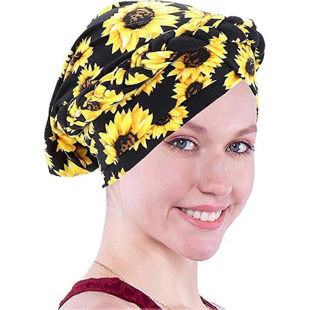 Milk Silk Print Braided Head Cap Hair Loss Hood Hat Twisted Braid Headwear (Sunflower) - DD01
