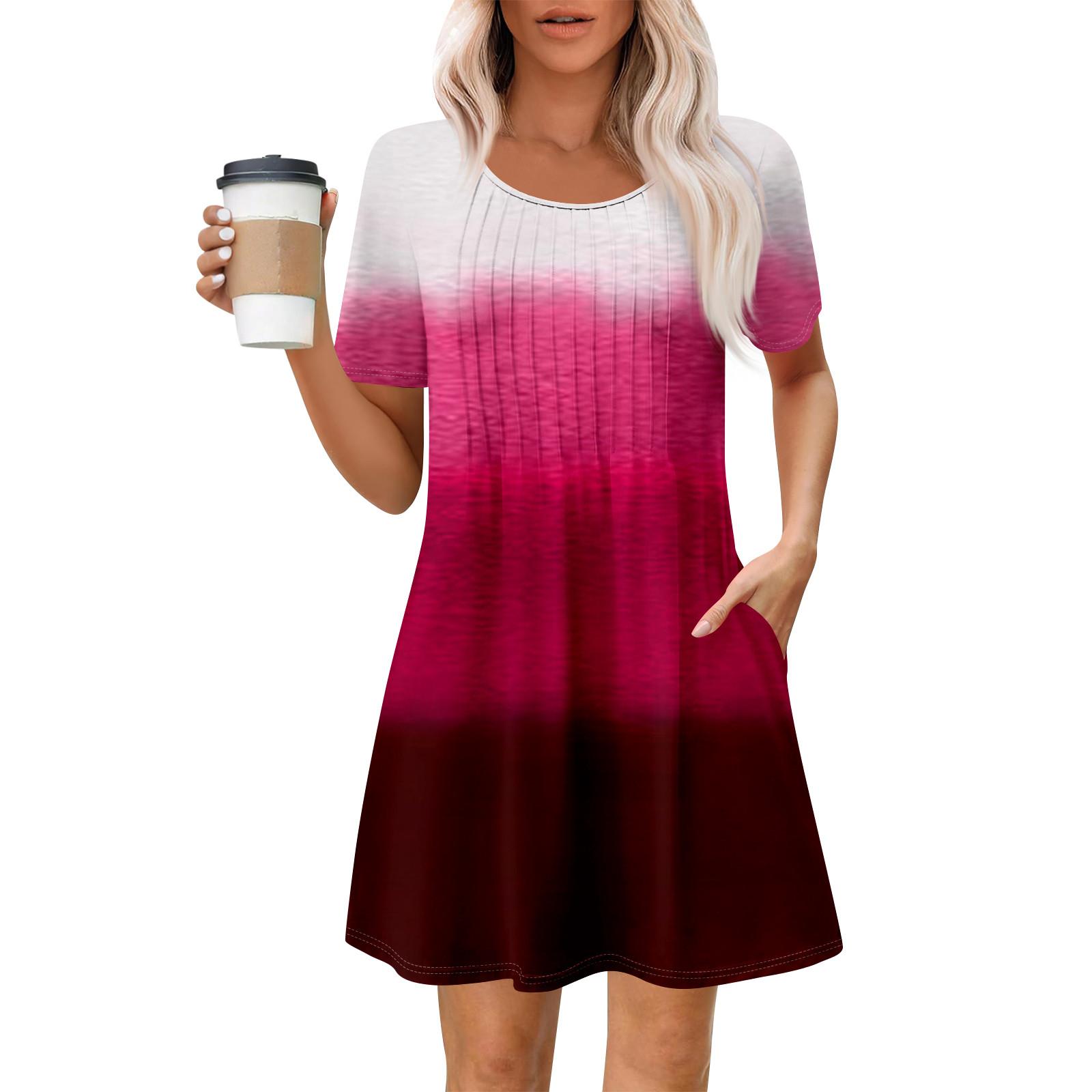 

Жіноча літня сукня Вільне пляжне повсякденне плаття-сарафан із круглим вирізом і короткими рукавами з кишенею, сукня-сорочка з короткими рукавами XL