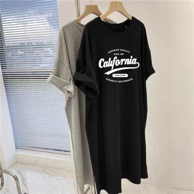 Loose-fitting Large-sized Women's Round-neck Short-sleeved T-shirt Dress, Long Laid-back Style Dress, Knee-length Sleeping Dress