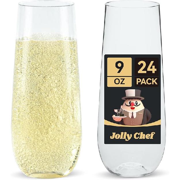 JOLLY CHEF 48 Pack Stemless Plastic Champagne Flutes 9 oz, Crystal Clear Stemless Plastic Toasting Glasses, Clear Disposable Unbreakable Drinkware 24pack