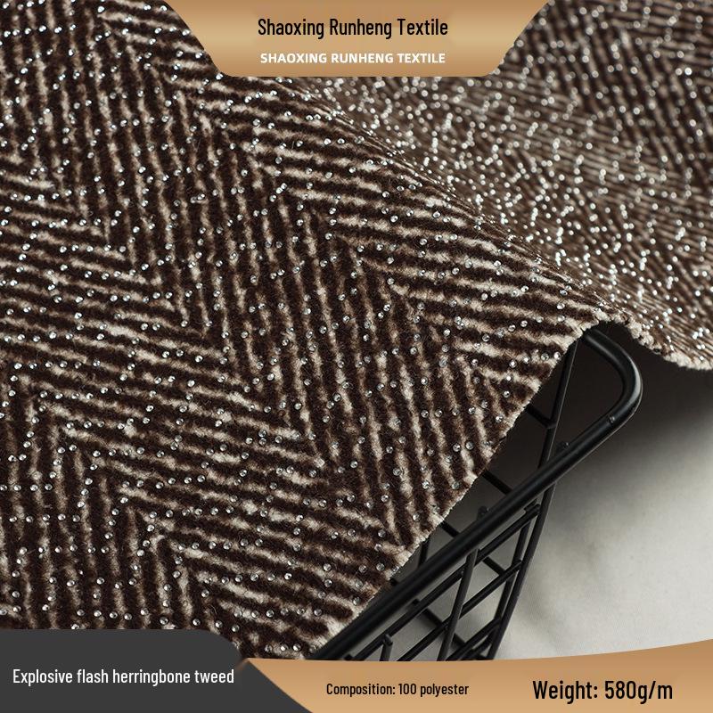 Herringbone Tweed Fabric with Sequin Embroidery: Heavy Craft Style Outerwear Coat Woolen Fabric