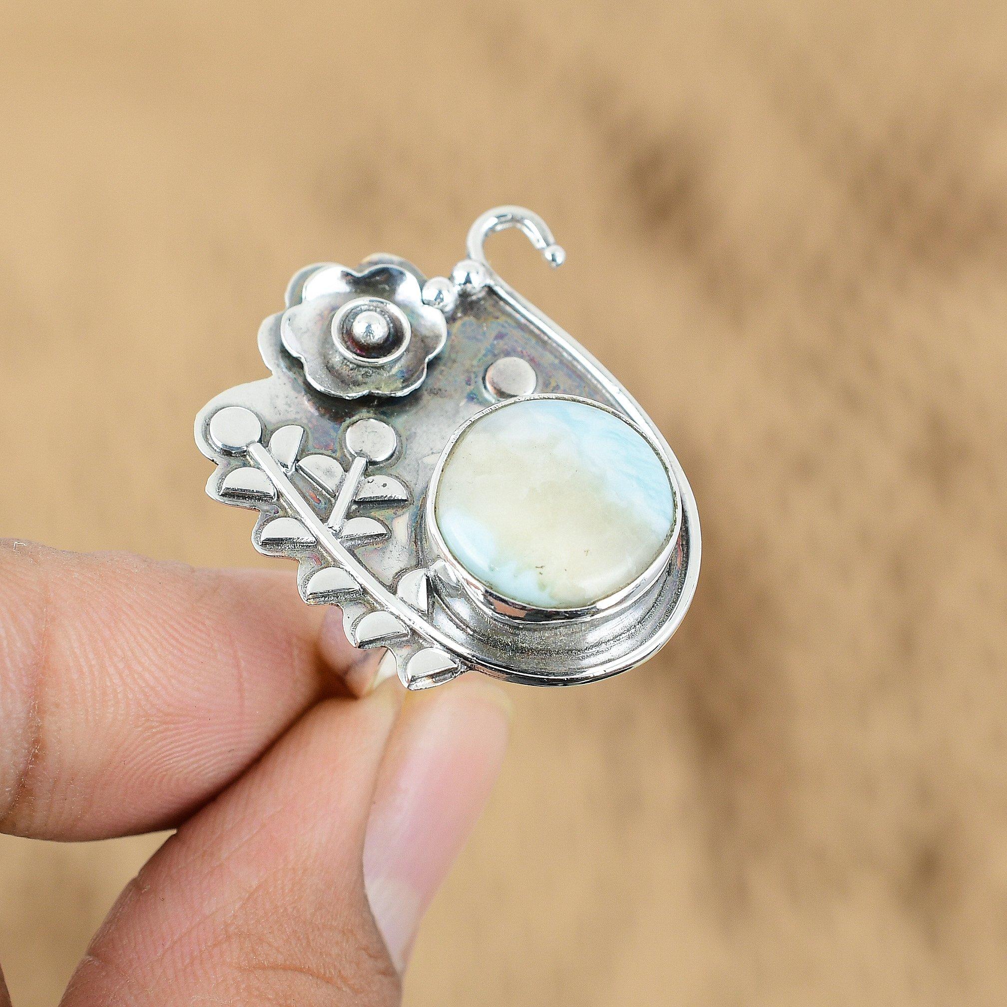 

Natural Larimar 925 Sterling Silver Multi Stone Engagement Flower Ring Jewelry Yes
