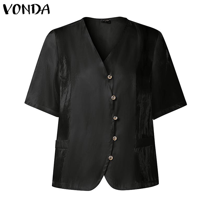 

VONDA Women Short Sleeve V-neck Button Down Flimsy Elegant Casual Cropped Blouse S