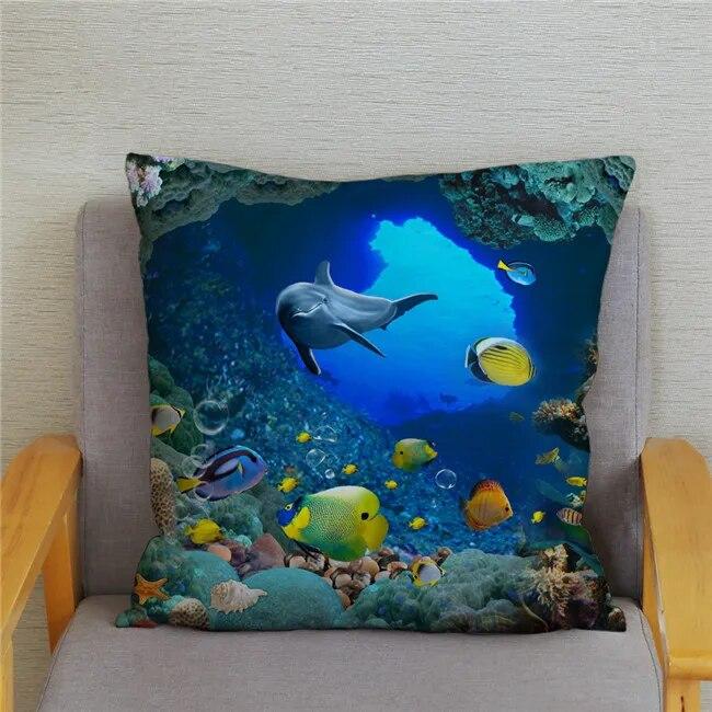 Cushion Cover Ocean Dolphin Pattern Underwater World Print Pillow  Kids Sofa Home Decor