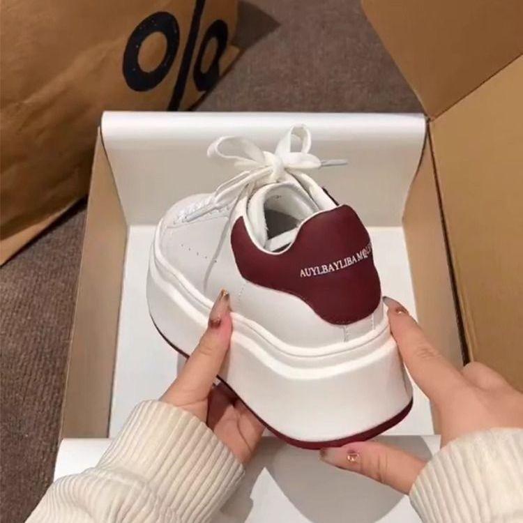 2024 spring new small thick-soled heightening board shoes muffin sole versatile McQueen shoes fashionable casual little white shoes