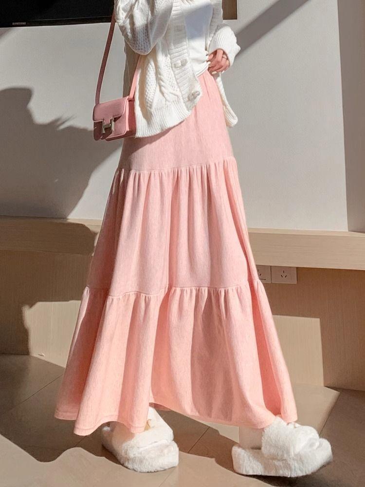 Spódnica z Wysokim Stanem dla Efektu Wyszczuplenia, Warstwowa na Jesień i Zimę, Średniej Długości do Długiej Plisowana Długa Spódnica na Jesień i Zimę