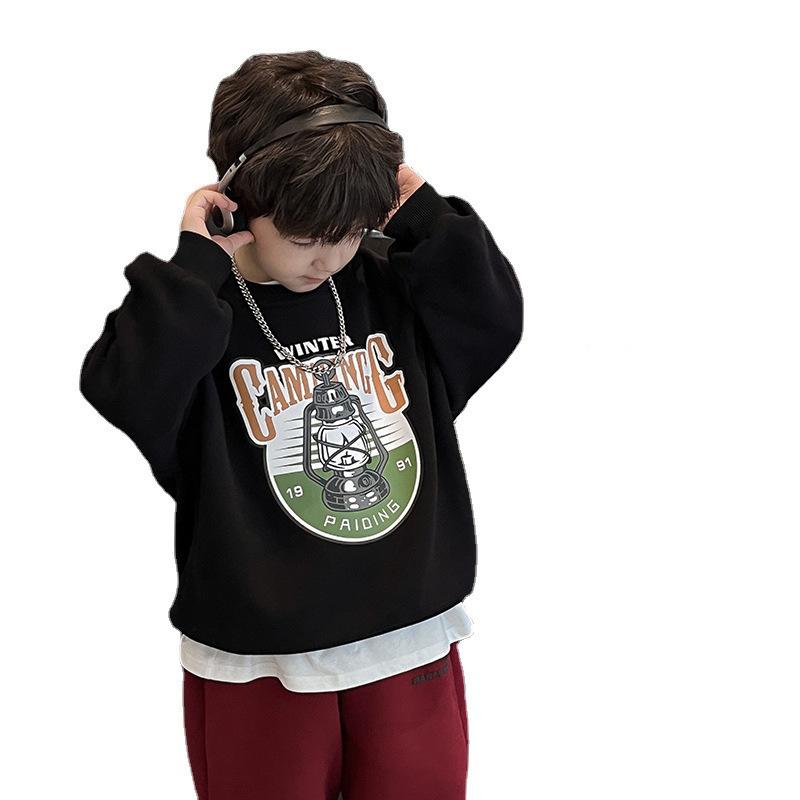 Spring Children's Sports and Leisure Hoodie, Cartoon Printed Single Piece Loose Round Neck Top for Big Boys