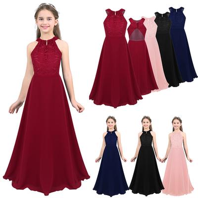 Flower Girl Dress Kids Lace Chiffon Sleeveless Halter Princess Wedding Bridesmaid Party Dress