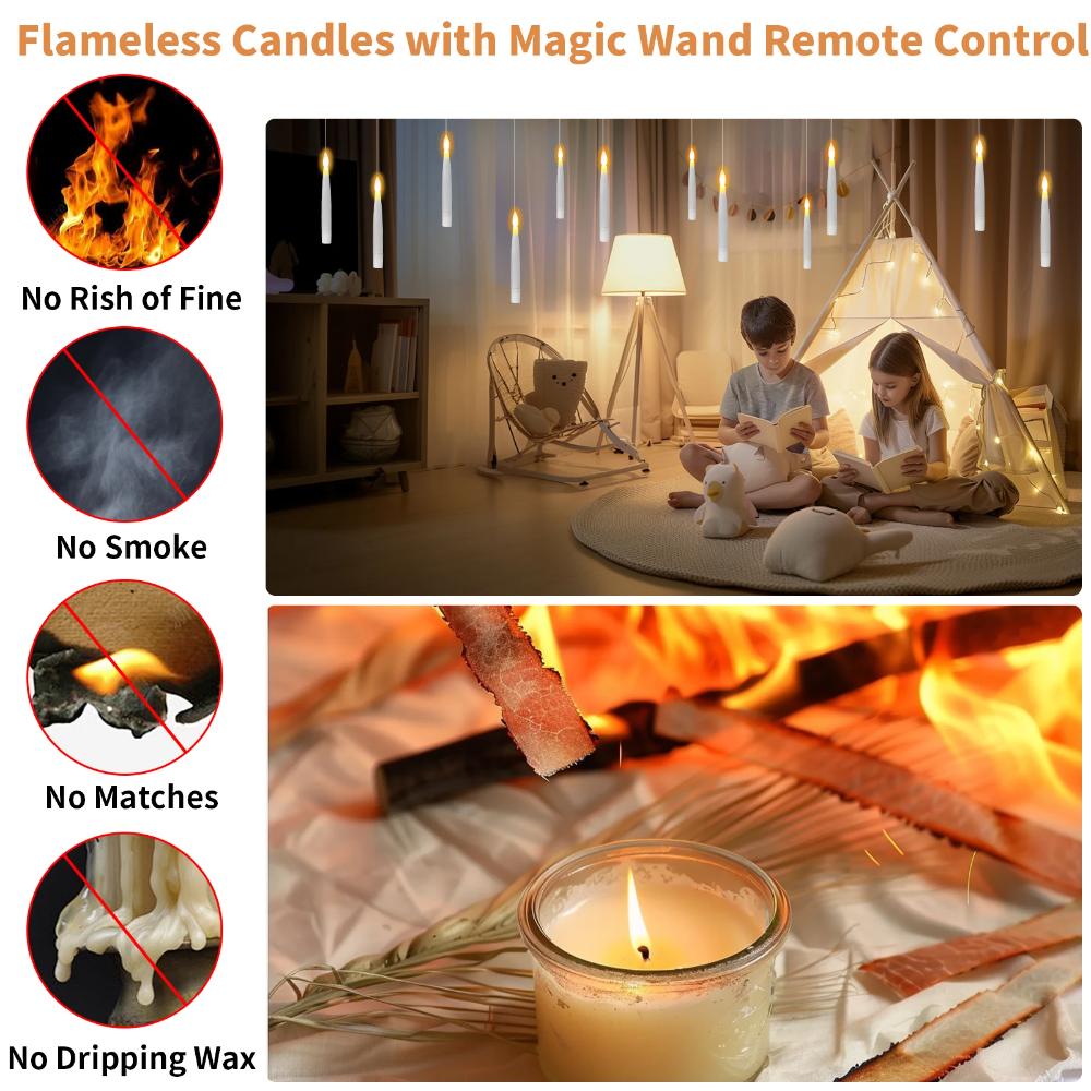 New 12Pc LED Floating Candles With Magic Wand Timer Flameless Flying Candle Flickering Burning Candles For Wedding Holiday Decor