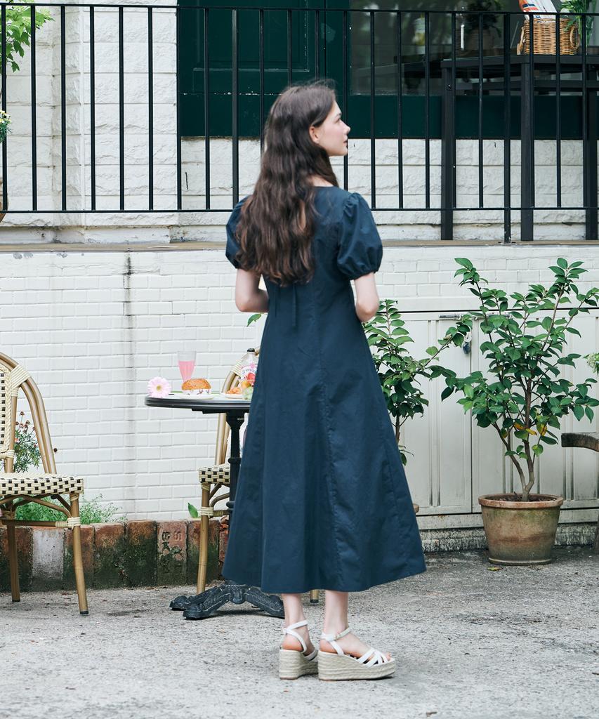 Metapeo Met Puff Sleeve Short Sleeve Long Dress Navy