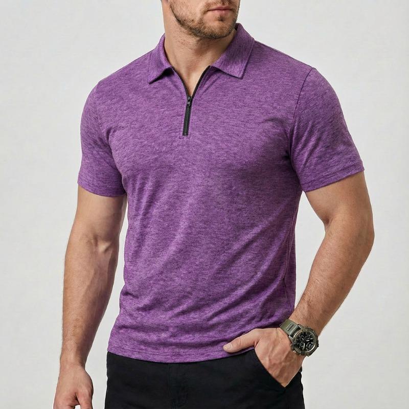 

Men Turn Down Collar Half Zip Short Sleeve Polo Shirt Slim Fit Heather Casual Business Tops S фиолетовый