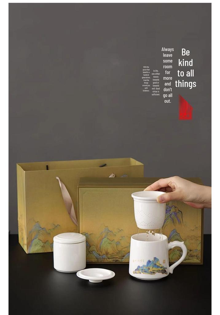 Jade White Porcelain Tea Cup with Water Separator - Large Capacity, Personal Use, High-End Office Mug for Tea Brewing