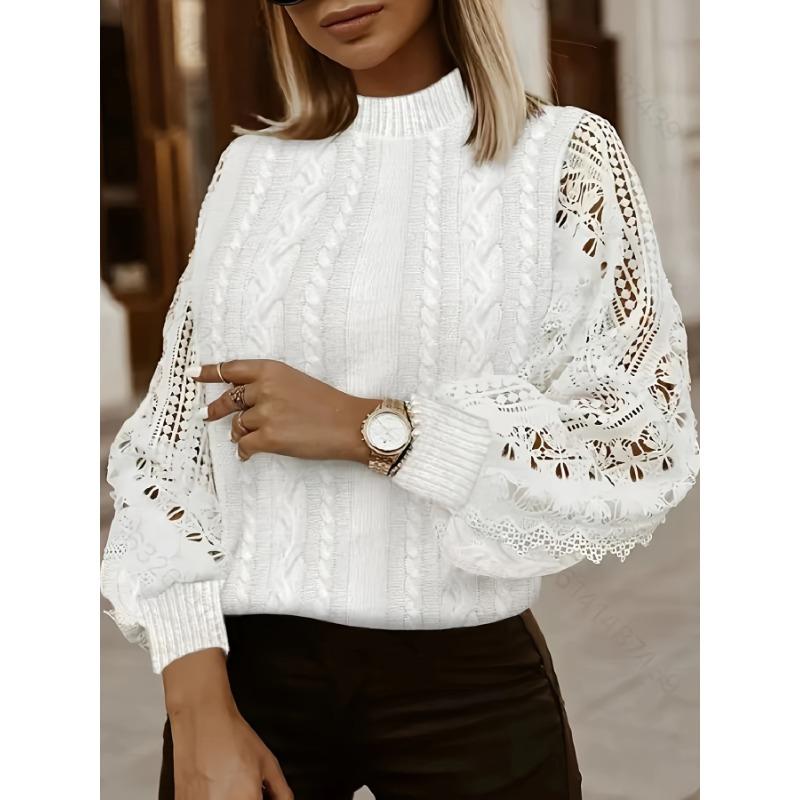Women'S Elegant Sweater with Lace Detail - Mandarin Collar, Geometric Pattern, Fall/Winter StyleSweater Top