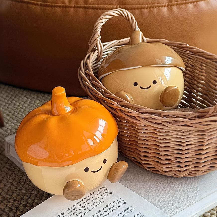 Cute Chestnut Shaped Multi-Functional Storage Jar,Ceramic,Round,Ideal for Floss, Toothpicks, and Makeup Brushes,Perfect for Living Room,Bedroom Vanity