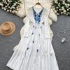 Vintage Western Style Embroidered V-neck Strap Up Waist Long Sleeve Dress for Women French Elegant Grand Swing Long Dress