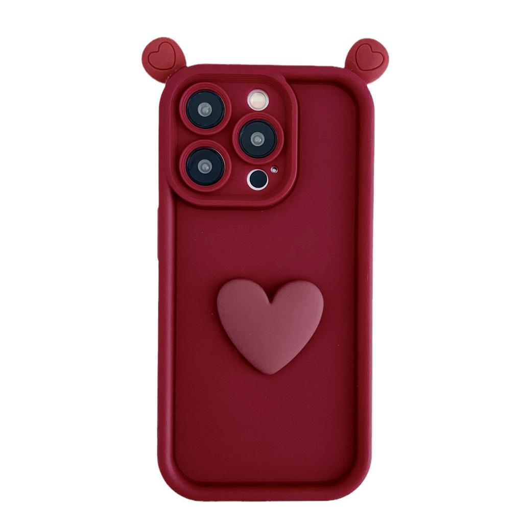 Burgundy Three-dimensional Ear Love Applies To iPhone17Promax Mobile Phone Case Apple 16/15 Cute 14/13