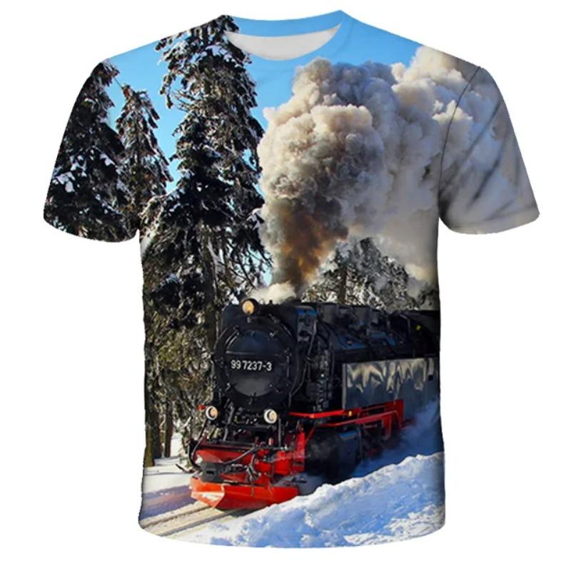 Retro Summer Motorcycle Train 3D Printed T-shirt Fashion Men's and Women's Daily T-shirt Round Neck Pattern T-shirt Top