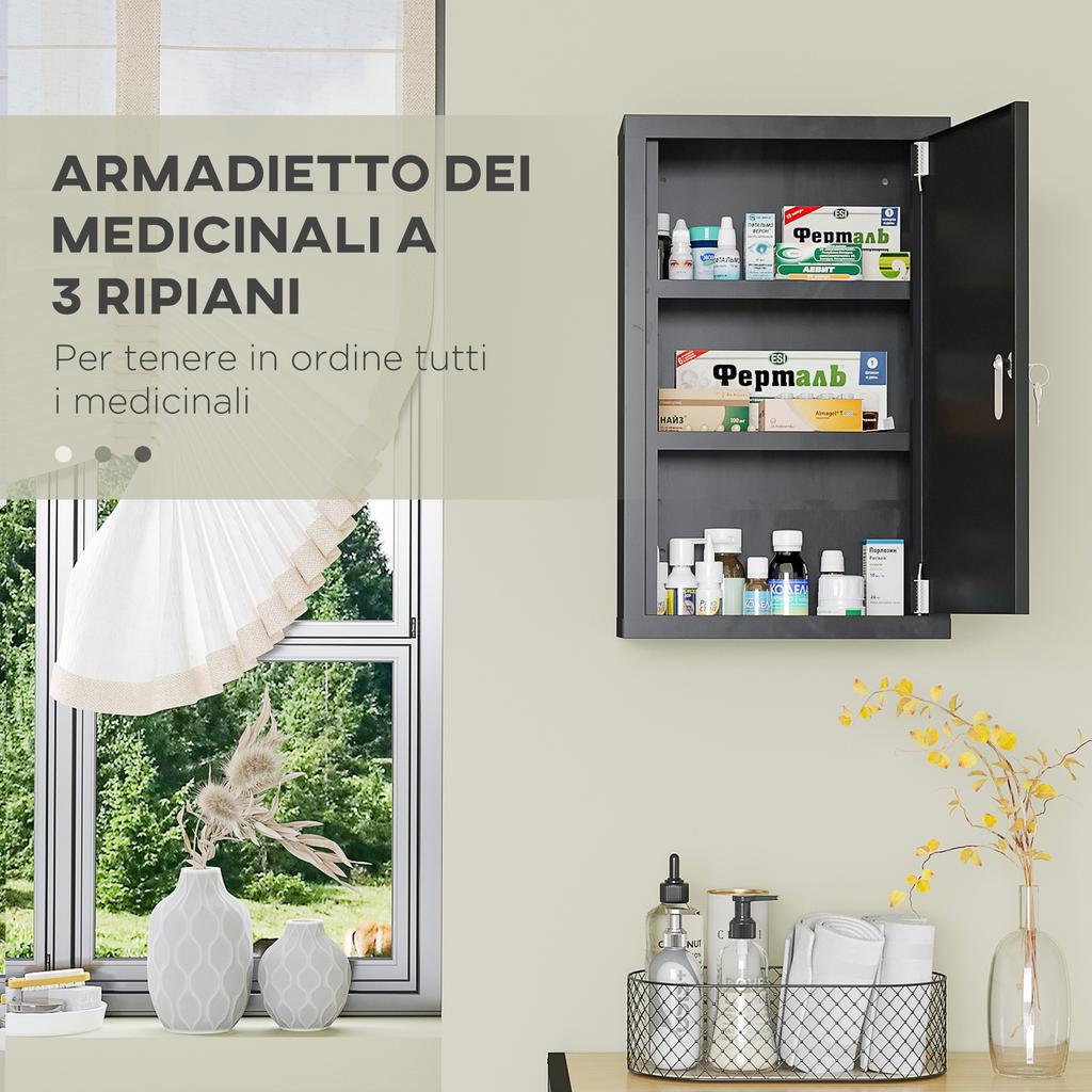 Medicine Cabinet with 3 Shelves and Lock with Keys in Steel, 30x14x46cm, Black