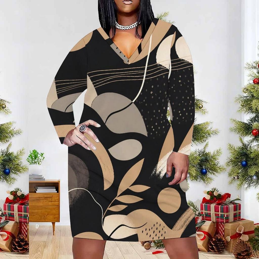 Women Plus Size V Neck Long Sleeve Abstract Printed Fitted Midi Dress
