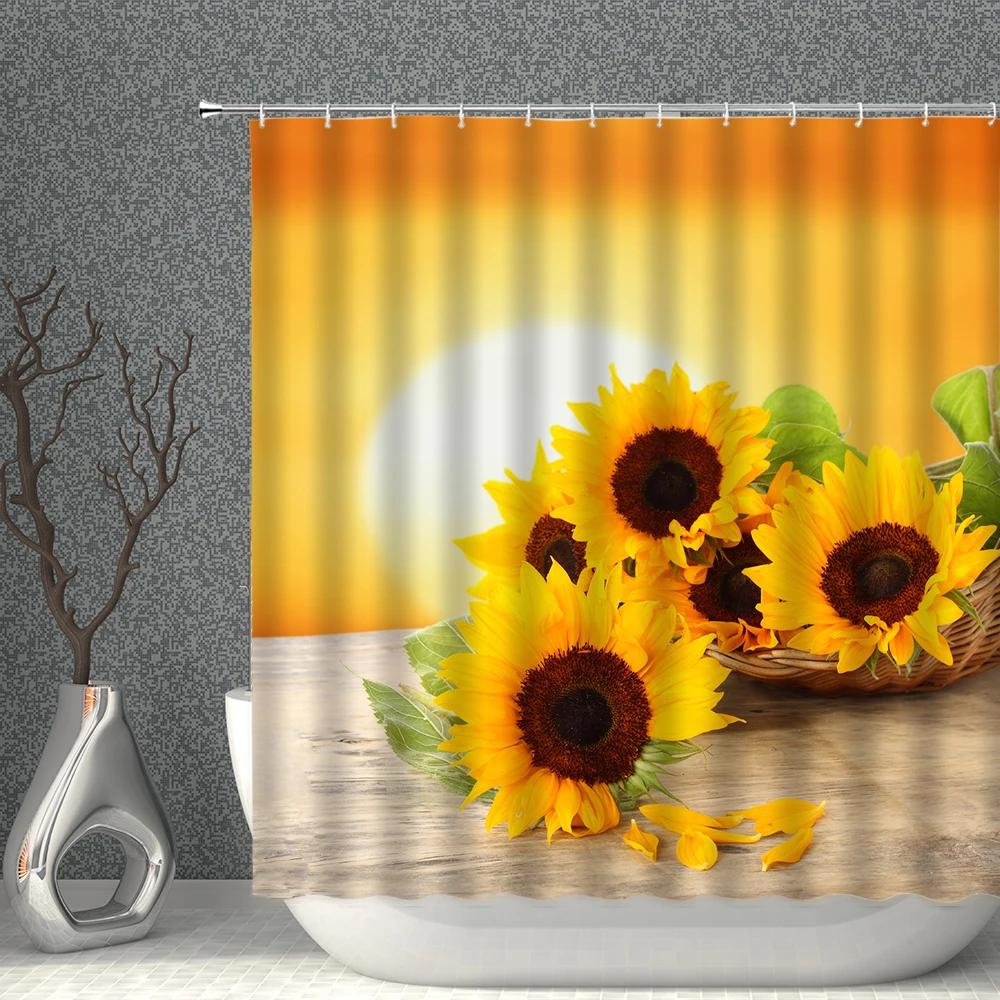 Rose Sunflower Shower Curtain Flower Green Plants Butterfly Bathroom Bath Curtains Waterproof Polyester Cloth Home Decoration