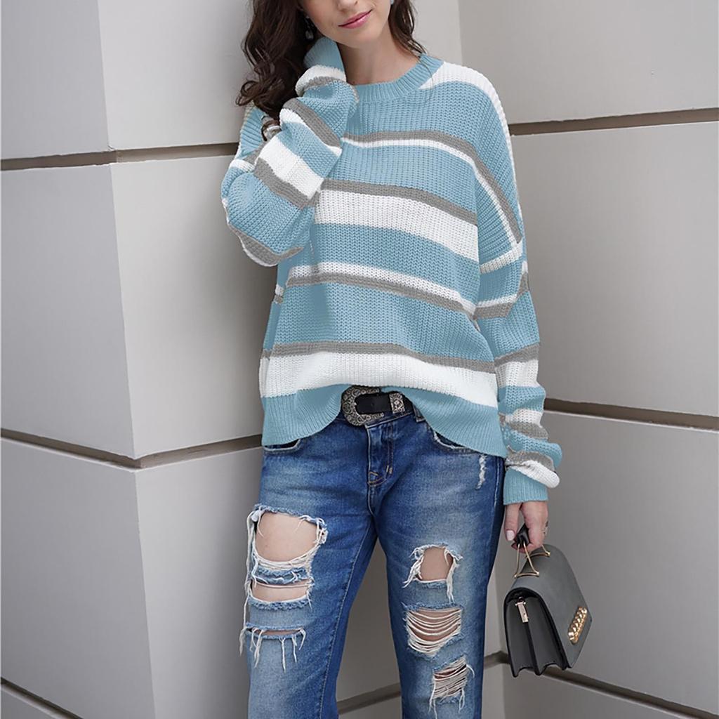 Women's Round Neck Temperament Long Sleeve Color Stripe Loose Sweater