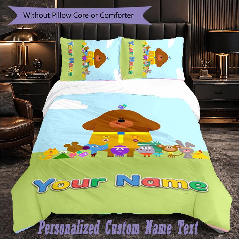 Personalized 3Pcs Bedding SetHey Duggee Custom Text Duvet Cover Pillowcase Set Bedroom Gift