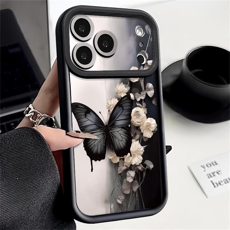 Soft TPU Phone Case For iPhone 17 Pro 15 16 Pro Max 14 13 Pro Max 16e 17e Shockproof Black Butterfly Printed Silicone Back Cover