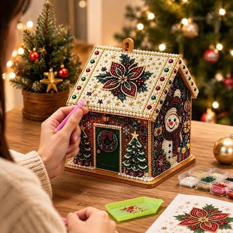 Wooden Christmas Houses Craft Set with Rhinestones Painting Piece, Pearls-Style Accents, and Tools for Hands-On Decorating