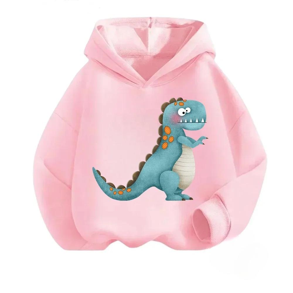 New Cartoon Dinosaur Print Children's Hooded Sweatshirt Boy Girl Autumn Winter Daily Outdoor Casual Wear Loose Warm Sportswear