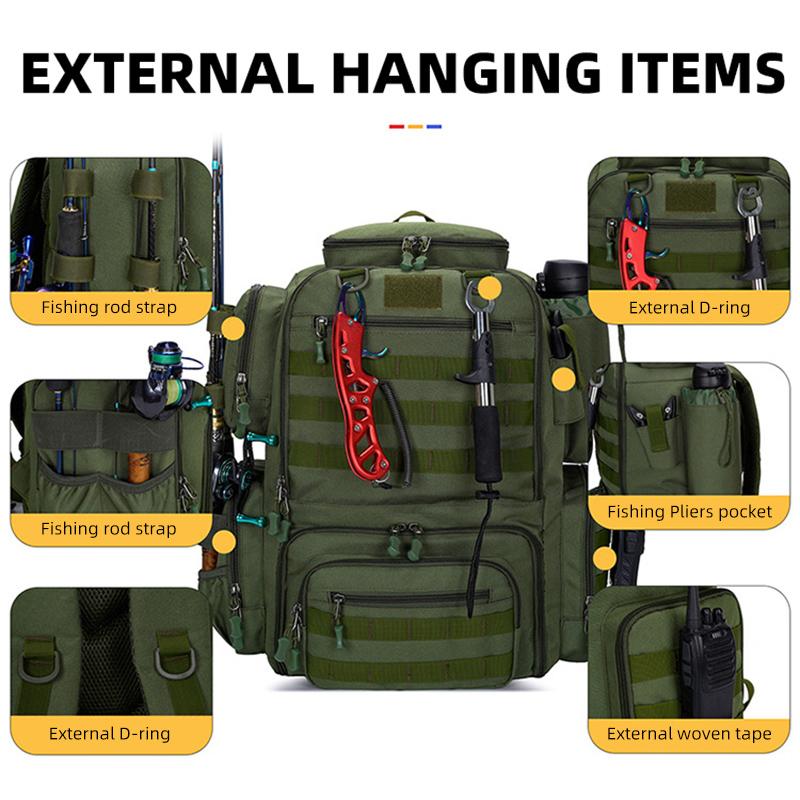 Tactical Climbing Fishing Backpack with Rod Holders Large Molle Hiking Bag Outdoor Fishing Lure Tackle Box Storage Rucksack